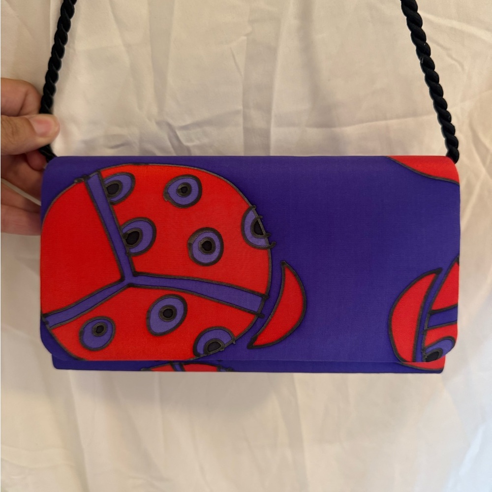 Vibrant Purple and Red Ladybug Clutch with Braided Strap SilkScapes Handpainted